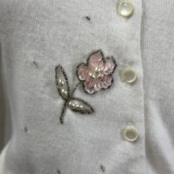 Blairmoor Original Womens Beaded Floral Cardigan Vintage Full Fashioned Cream  M - Picture 7 of 10